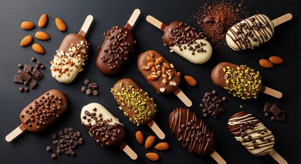 Assortment of chocolate covered ice cream bars with nuts and sprinkles