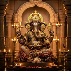 Fototapeta premium Golden Ganesha Idol in Temple with Divine Lighting for Ganesh Chaturthi Worship