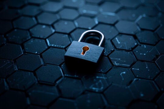 padlock on digital hexagon pattern