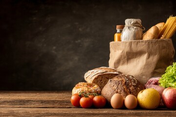 still life with bread and fruits on wooden table