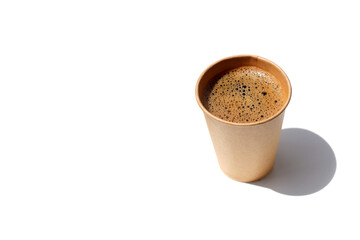 Brown paper cup of black coffee on a white background