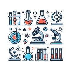  Science microscope, test tubes, icons set