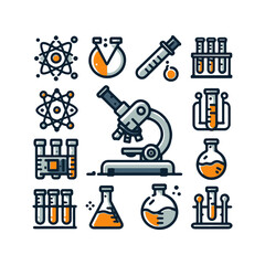  Science microscope, test tubes, icons set