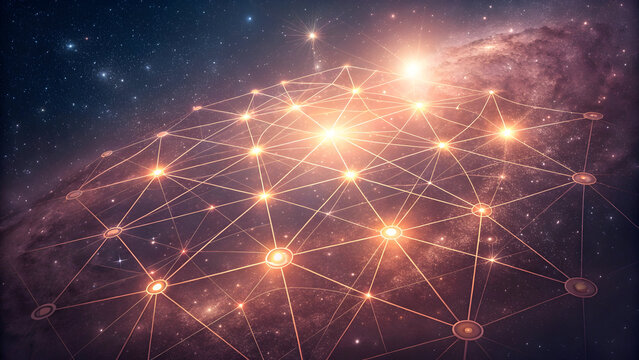 Glowing Geometric Starry Light Grid Network Abstract Background with Orange and Purple Cosmic Nebula