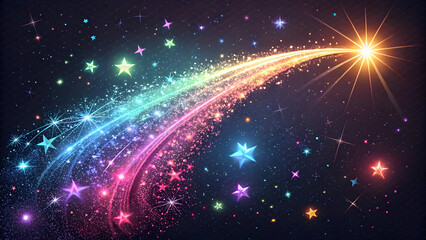 Fototapeta premium Glowing Neon Stardust Trail Across Dark Space Background with Bright Rainbow Colored Streamers and Sparkling Multicolored Stars