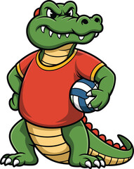 Fototapeta premium Cartoon alligator, red T-shirt, volleyball under arm, confident smirk, upright pose, sporty reptile, yellow trim, playful character, athletic theme
