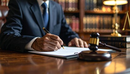 Lawyer Signing Legal Document in Law Office