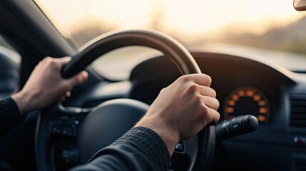 Close-up of a driver's hands firmly gripping a leather steering wheel, blurred road and dashboard in the background