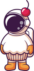 PrintCartoon astronaut in cupcake costume with cherry helmet topper — whimsical dessert-themed space character for playful and imaginative illustrations