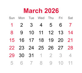 Monthly calendar of March 2026 on transparent background