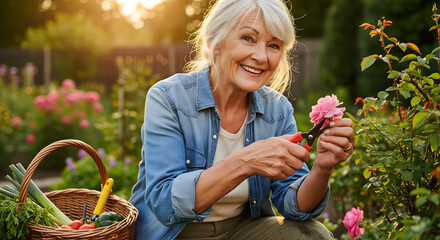 Smiling senior woman pruning roses in a beautiful sunny garden, enjoying her hobby.
