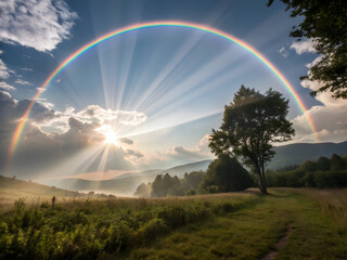 Vibrant Rainbow Arching Over Misty Mountain Valley Sunbeams Illuminating Lush Green Meadow Single Tree Path Sunrise Landscape