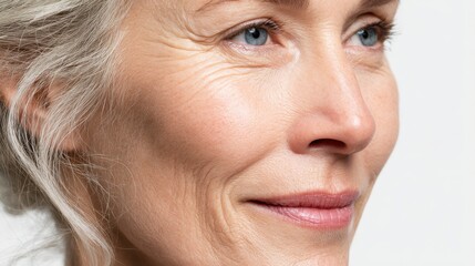50s middle aged old woman looking at camera isolated on white background advertising dry skin care treatment anti age skincare beauty plastic surgery cosmetology procedures close up half face view no