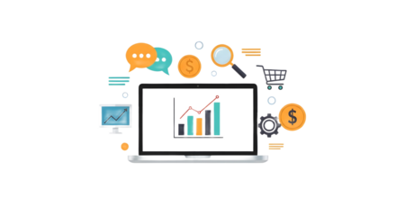 Laptop displaying a bar graph with financial icons on a white background
