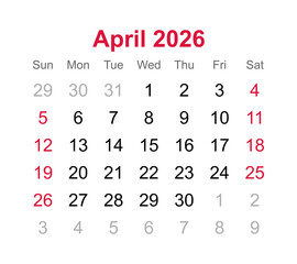 Monthly calendar of April 2026 on transparent background