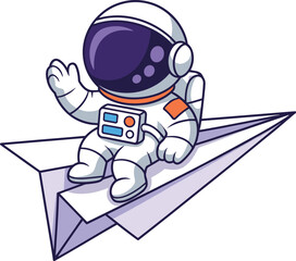 Cartoon astronaut in white spacesuit with purple visor waving while riding light purple paper airplane, whimsical space-travel concept illustration