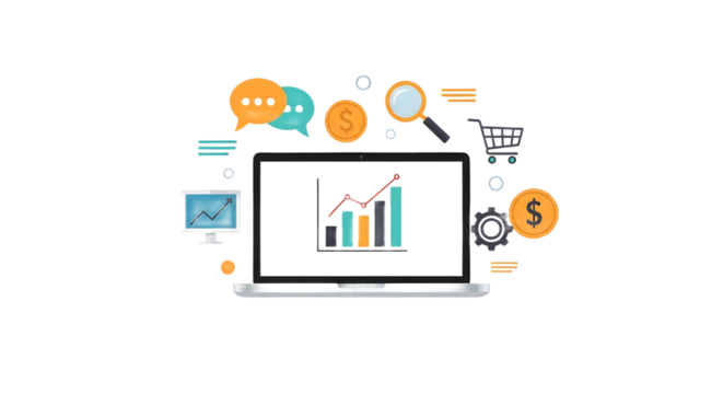 Laptop displaying a bar graph with financial icons on a white background