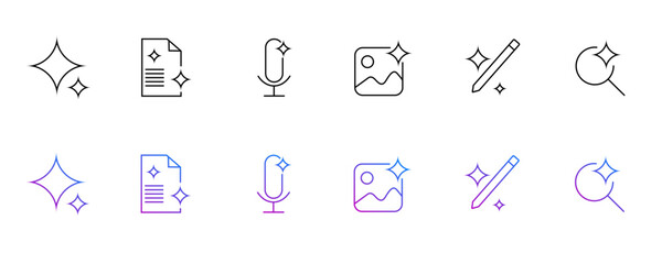 Vector collection of ai magic tool icons with sparkle effects showing text file, microphone, image, pencil, and search symbols in outline and gradient line styles for content creation