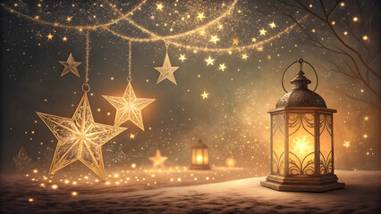 Warm Golden Glowing Sparkles and Illuminated Ornate Lantern on Snowy Surface with Hanging Star Ornaments and Fairy Lights Creating a Magical Winter Scene