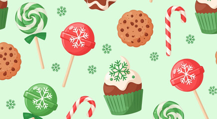 Fototapeta premium A cheerful Christmas seamless pattern featuring lollipops, cookies, cupcakes, and candy canes against a pastel green background, illustrated in a flat-lay style with a festive and joyful