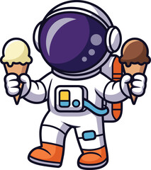 Cartoon astronaut in white-orange spacesuit with purple visor holding vanilla and chocolate ice cream cones, playful cosmic dessert character design