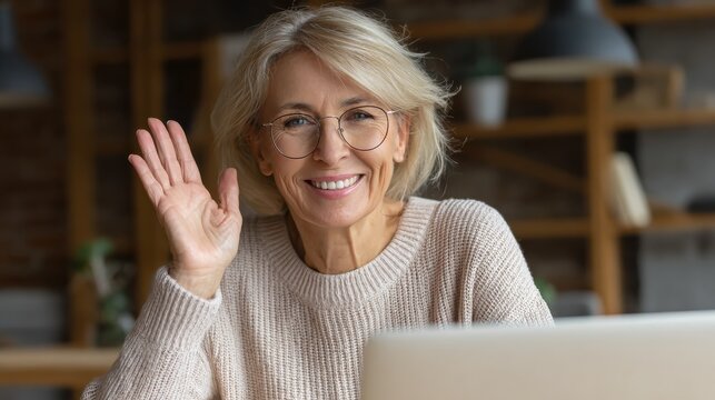 happy mature middle aged woman online teacher waving hand talking to web cam video conference calling in virtual webcamera chat meeting by distance remote vidoecall headshot portrait webcam view no l