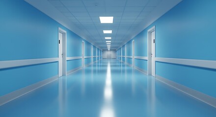 Pristine Blue Hospital Corridor with Vanishing Point and Gleaming Reflective Floor