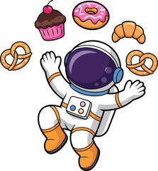 Cartoon astronaut in white-orange suit floating in space with cupcake, donut, croissant, pretzels — whimsical cosmic food adventure © Hello World