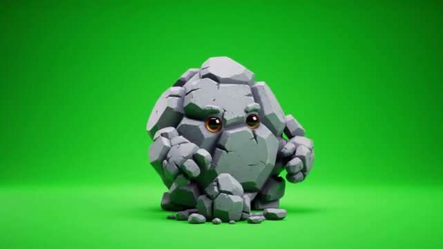 Adorable 3D Render of a Rock Creature on Green Screen
