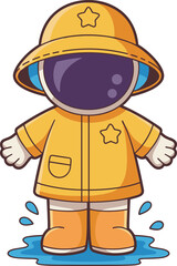 Cartoon astronaut wearing yellow raincoat with star badge — whimsical space explorer in rainy weather gear for sci-fi and fantasy themes