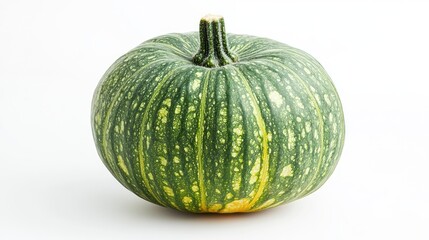 Fresh organic green pumpkin with subtle surface patterns, isolated against a bright white backdrop
