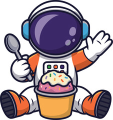 Cartoon astronaut sitting with rainbow-sprinkled ice cream tub and spoon — playful space character enjoying dessert in cosmic setting