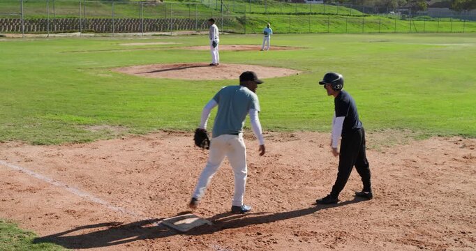 Triggered by pitcher motion, diverse male baseball players contesting force out at first base