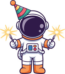 Cartoon astronaut with sparklers and party hat, festive space celebration, whimsical character illustration, cosmic joy theme, vector art