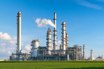 Obraz premium Industrial complex, metal structures, and tall pipes against a partly cloudy sky