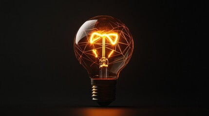 LED bulb with geometric filaments shining, placed against a pitch-black background, symbolizing creativity and modern design