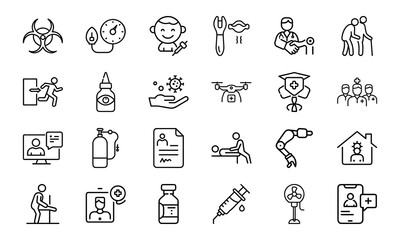 24 Medical and Healthcare Line Icons Hospital, Doctor, Patient Care, Emergency, Surgery, Pharmacy, Vaccination, Telemedicine, First Aid, and Medical Equipment Vector Icon Bundle