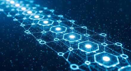An abstract network of glowing blue connected hexagons. Represents blockchain technology, data structure, communication networks, and futuristic scientific concepts.