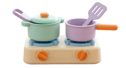 Toy Stove with Pots and Utensils Sits on Transparent Background in Studio Shot Still