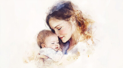 A watercolor painting of a mother holding her sleeping baby in a gentle and loving embrace art piece