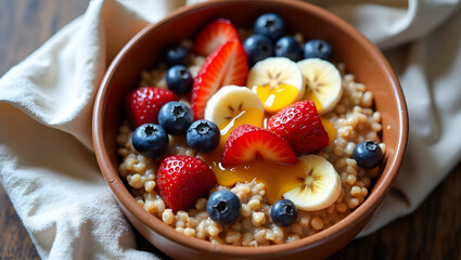 Obraz premium Inviting Overhead Shot of Delicious Breakfast Bowl with Fresh Fruits and Nutritious Grains