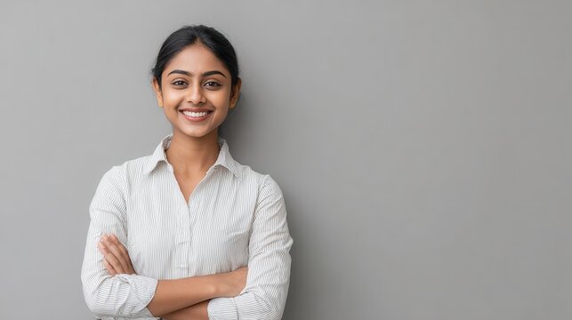 smiling indian young woman sales professional arms crossed looking at camera isolated on grey blank studio background copy space happy female student saleswoman girl posing on gray wall portrait no l