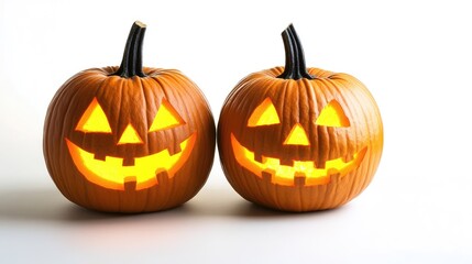 Obraz premium Pair of glowing jack-o'-lanterns with eerie smiles, isolated on a crisp white backdrop