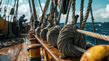 Obraz premium Perspective shot along the deck showing multiple winches, ropes, and a crew member working in the background