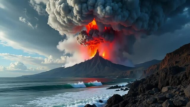 Dramatic volcano erupting near ocean, ash plume, powerful landscape, natural disaster, coastal, danger