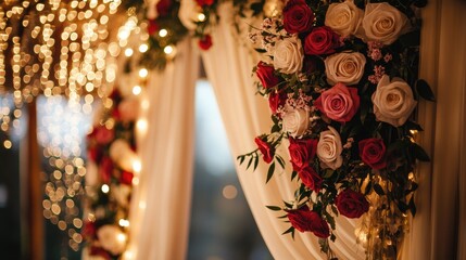 Romantic wedding arch decorated with cascading roses, silk drapes, and fairy lights, creating a luxurious and dreamy atmosphere