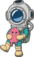 Cartoon diver in vintage deep-sea suit holding smiling pink blob creature, whimsical underwater character for kids and fantasy themes