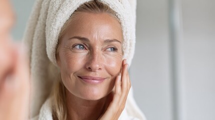 gorgeous mid age adult 50 years old blonde woman standing in bathroom after shower touching face looking at reflection in mirror smiling doing morning beauty routine older dry skin care concept no lo