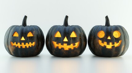 Set of three spooky pumpkins with glowing interiors, arranged neatly on a white studio background