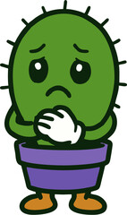 Vector illustration of a sad cactus mascot in purple pot with big eyes and folded hands, perfect for cute cartoon, plant character, farm and design use